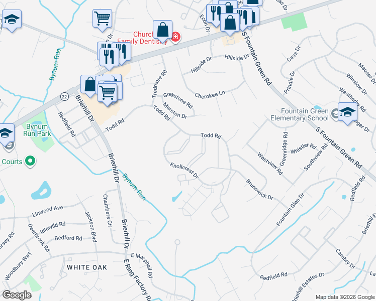 map of restaurants, bars, coffee shops, grocery stores, and more near 1305 Sheridan Place in Bel Air