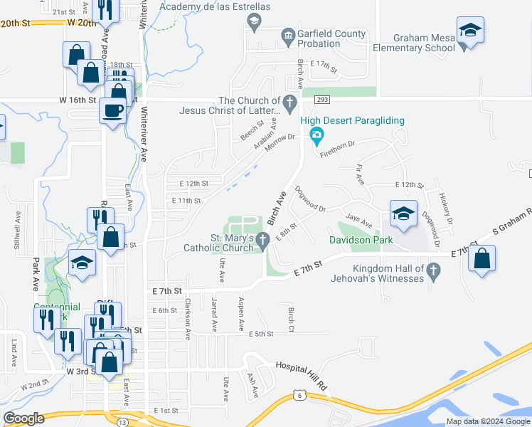 map of restaurants, bars, coffee shops, grocery stores, and more near 847 Birch Avenue in Rifle