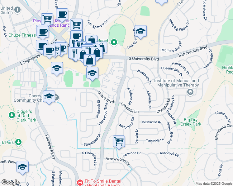 map of restaurants, bars, coffee shops, grocery stores, and more near 9671 South Timber Hawk Circle in Littleton