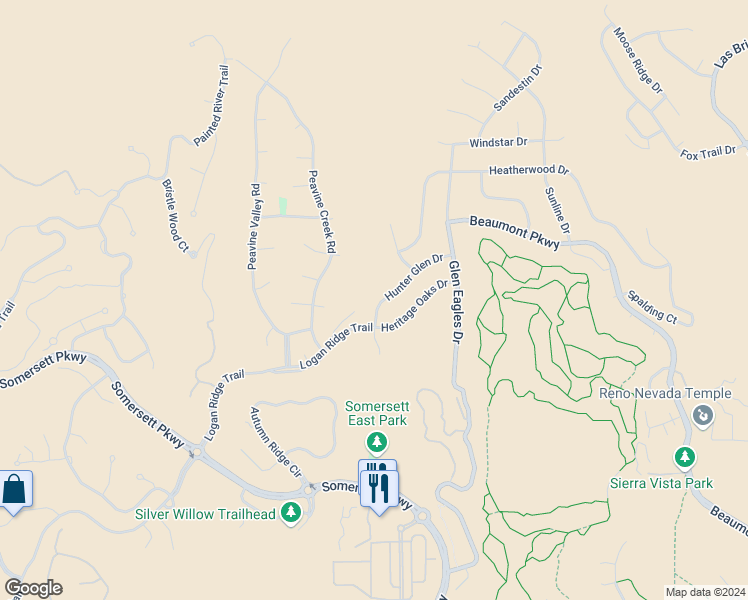 map of restaurants, bars, coffee shops, grocery stores, and more near 7455 Hunter Glen Drive in Reno