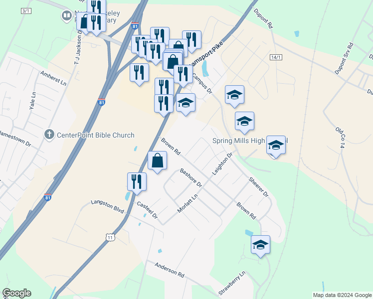 map of restaurants, bars, coffee shops, grocery stores, and more near 33 Mabel Lane in Martinsburg
