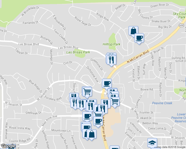 map of restaurants, bars, coffee shops, grocery stores, and more near 5146 Driftstone Avenue in Reno