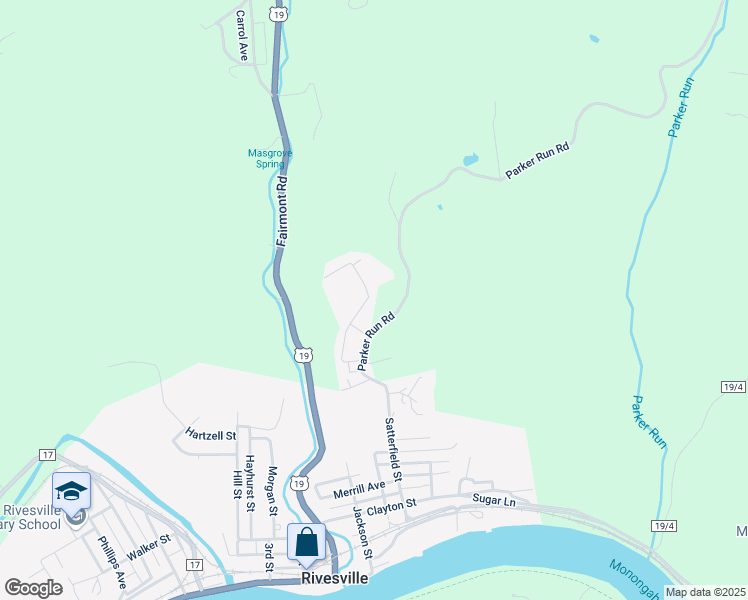 map of restaurants, bars, coffee shops, grocery stores, and more near 90 North View Avenue in Rivesville