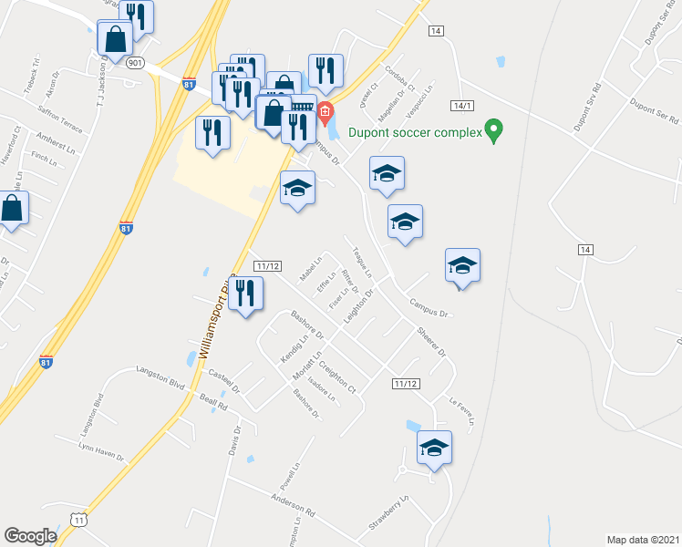 map of restaurants, bars, coffee shops, grocery stores, and more near 92 Effie Lane in Martinsburg