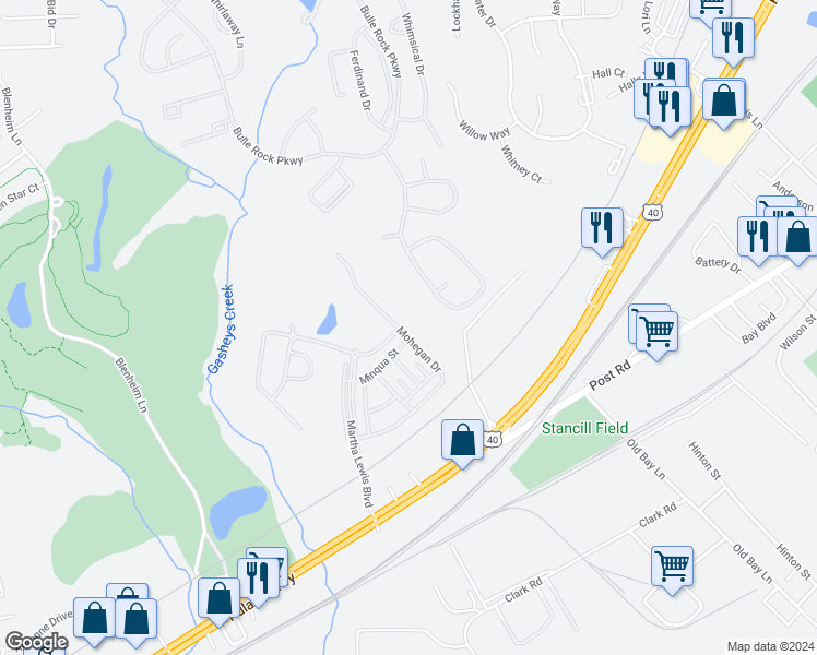 map of restaurants, bars, coffee shops, grocery stores, and more near 180 Mohegan Drive in Havre de Grace
