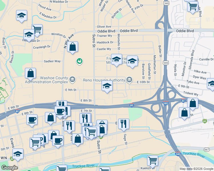 map of restaurants, bars, coffee shops, grocery stores, and more near 1351 East 9th Street in Reno