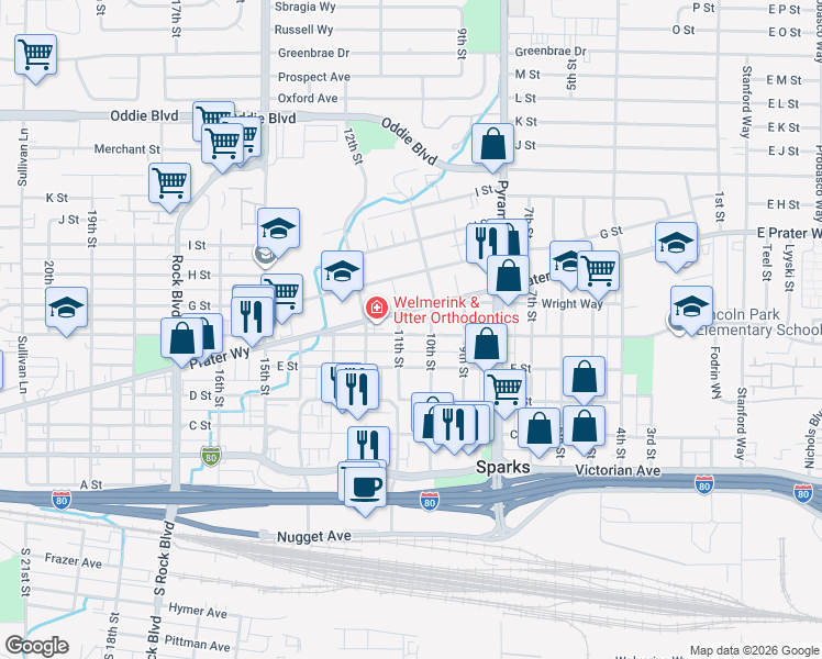 map of restaurants, bars, coffee shops, grocery stores, and more near 529 11th Street in Sparks
