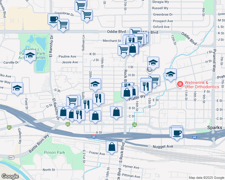 map of restaurants, bars, coffee shops, grocery stores, and more near 529 18th Street in Sparks
