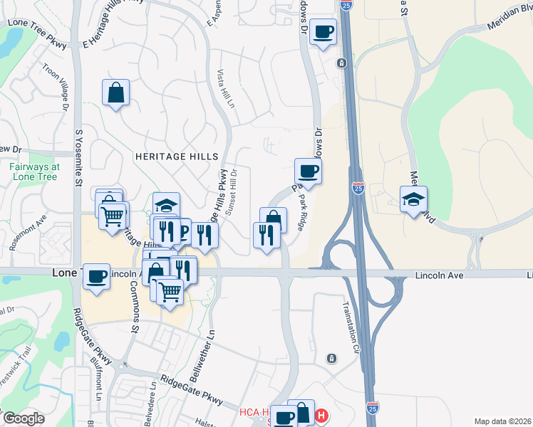 map of restaurants, bars, coffee shops, grocery stores, and more near 10465 Park Meadows Drive in Lone Tree
