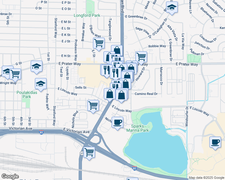 map of restaurants, bars, coffee shops, grocery stores, and more near 470 North McCarran Boulevard in Sparks