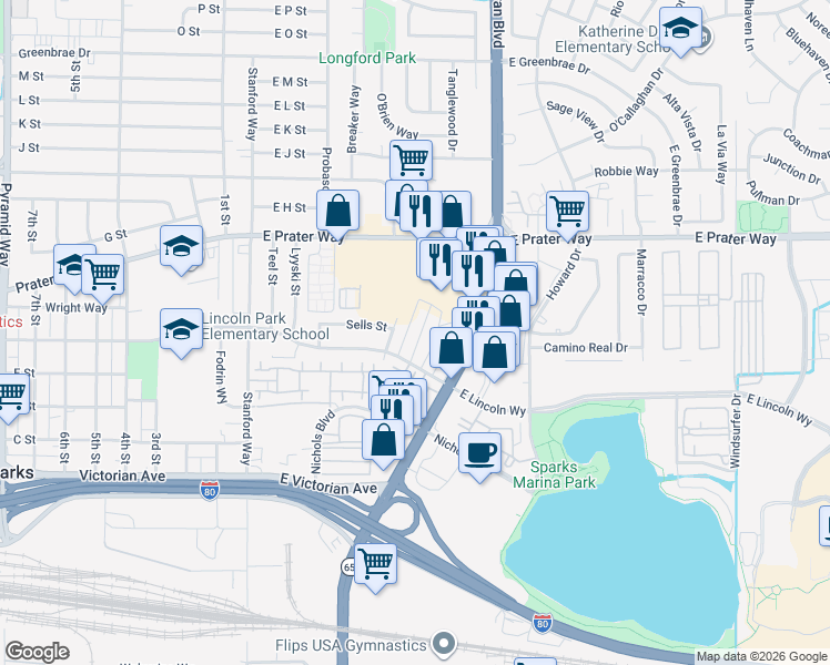 map of restaurants, bars, coffee shops, grocery stores, and more near 643 Pine Meadows Drive in Sparks