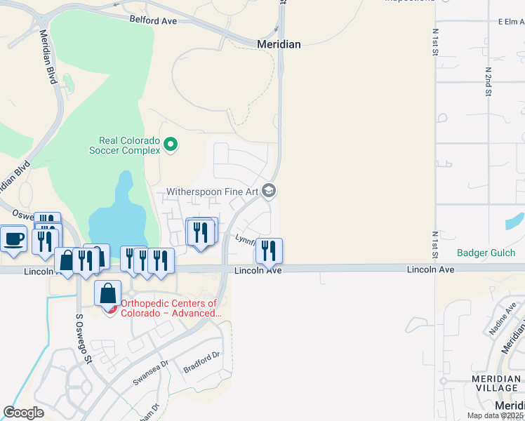 map of restaurants, bars, coffee shops, grocery stores, and more near 12837 Mayfair Way in Englewood