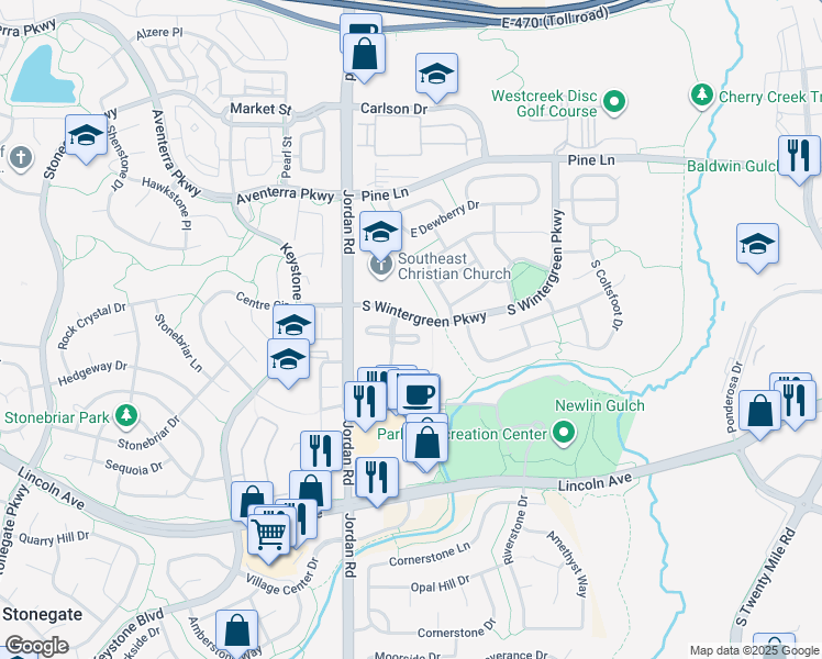 map of restaurants, bars, coffee shops, grocery stores, and more near 9608 Deer Horn Court in Parker