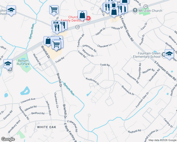 map of restaurants, bars, coffee shops, grocery stores, and more near 1310 Sheridan Place in Bel Air