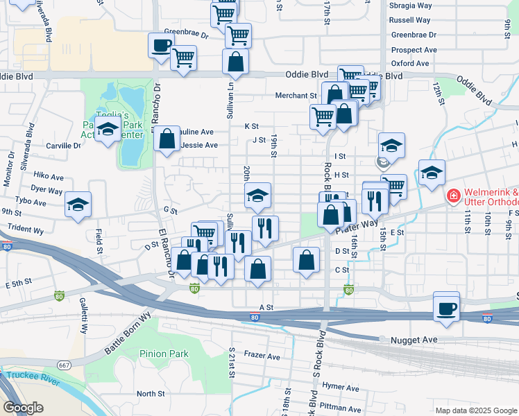 map of restaurants, bars, coffee shops, grocery stores, and more near 650 19th Street in Sparks