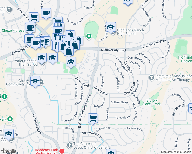 map of restaurants, bars, coffee shops, grocery stores, and more near 9780 Dampler Way in Littleton