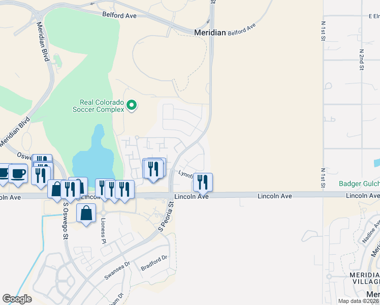 map of restaurants, bars, coffee shops, grocery stores, and more near 12834 Mayfair Way in Englewood