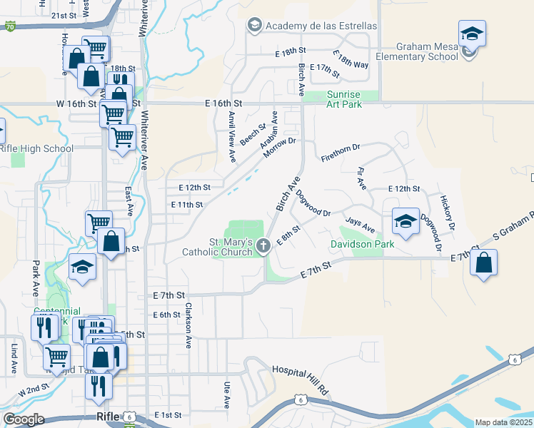 map of restaurants, bars, coffee shops, grocery stores, and more near 827 Birch Avenue in Rifle