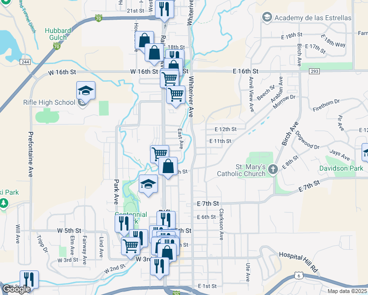map of restaurants, bars, coffee shops, grocery stores, and more near 1131 Whiteriver Avenue in Rifle