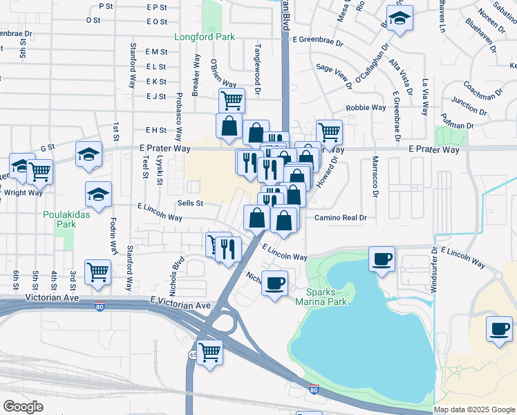 map of restaurants, bars, coffee shops, grocery stores, and more near 631 Alley No 2 in Sparks