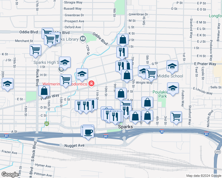 map of restaurants, bars, coffee shops, grocery stores, and more near 527 10th Street in Sparks