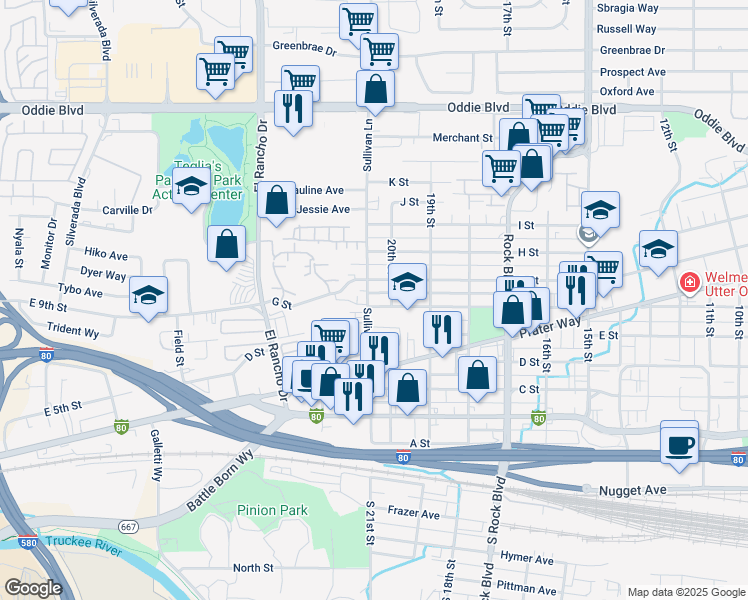 map of restaurants, bars, coffee shops, grocery stores, and more near 1925 F Street in Sparks
