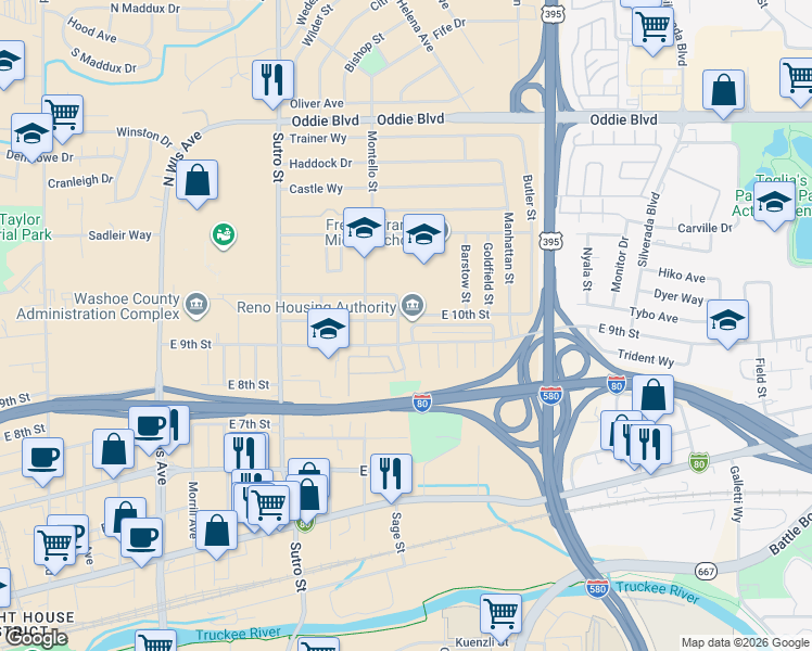 map of restaurants, bars, coffee shops, grocery stores, and more near 1525 East 9th Street in Reno