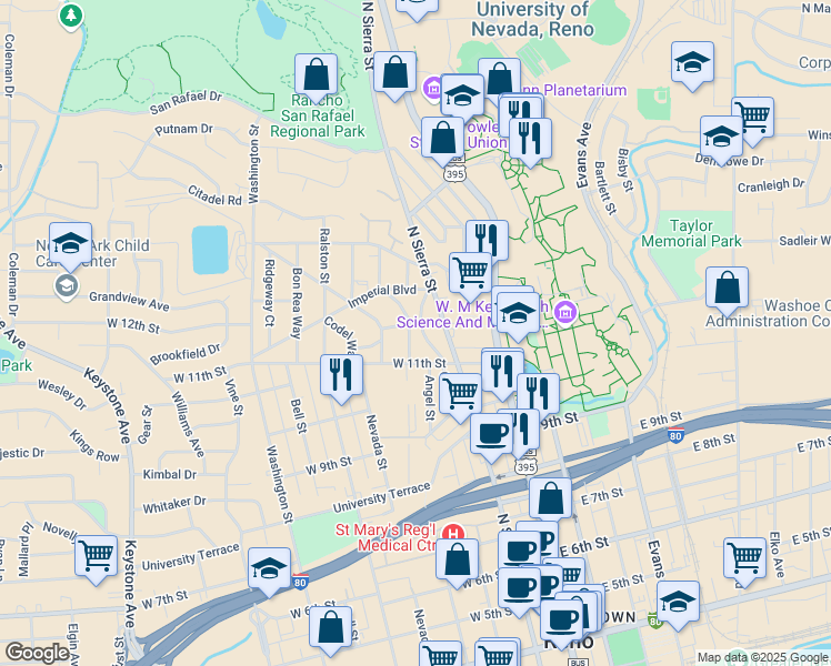 map of restaurants, bars, coffee shops, grocery stores, and more near 265 West 11th Street in Reno