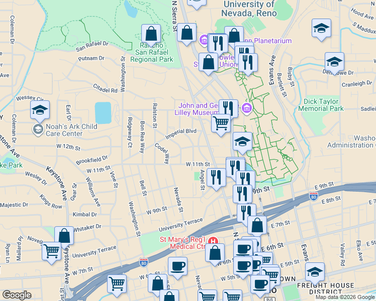 map of restaurants, bars, coffee shops, grocery stores, and more near 1101 The Strand in Reno