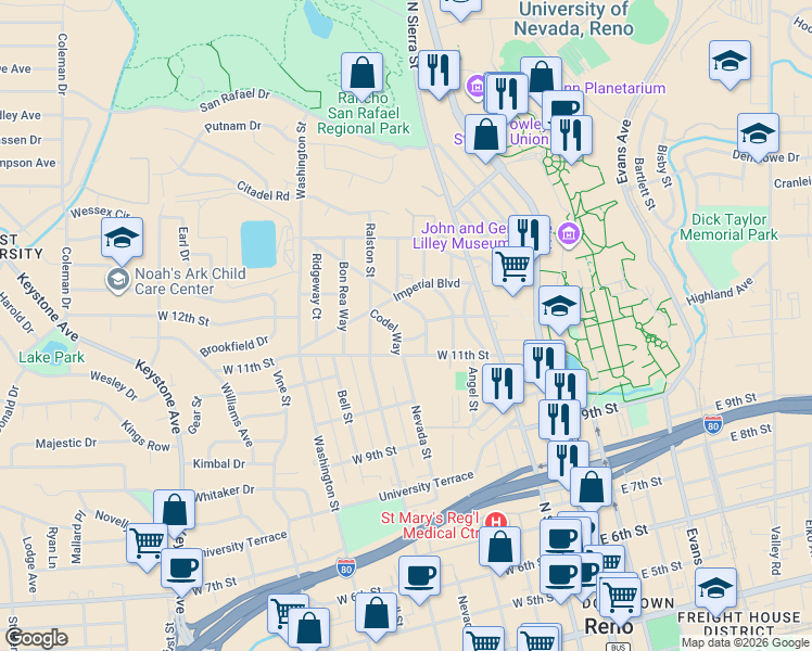 map of restaurants, bars, coffee shops, grocery stores, and more near 1113 Codel Way in Reno
