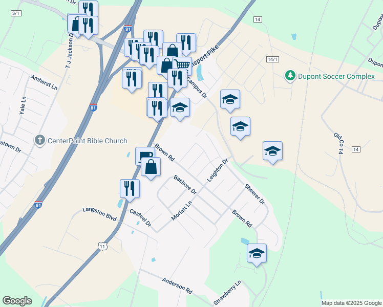 map of restaurants, bars, coffee shops, grocery stores, and more near 74 Mabel Lane in Martinsburg