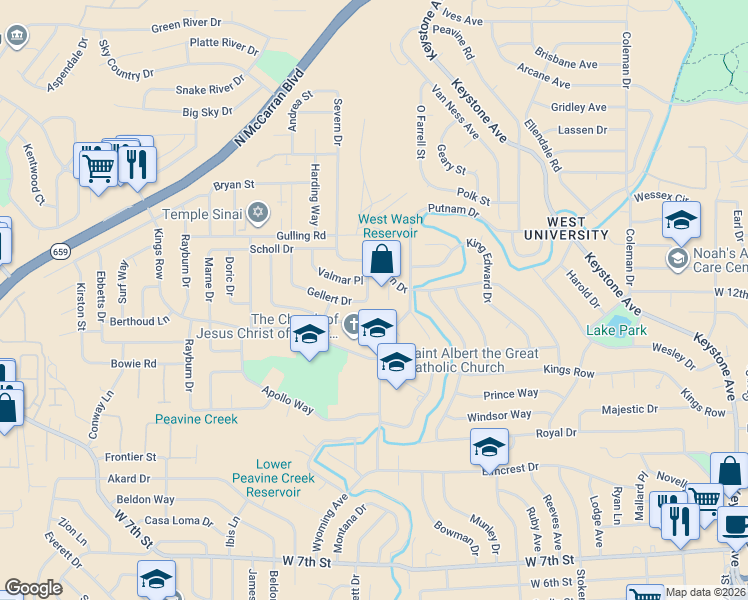 map of restaurants, bars, coffee shops, grocery stores, and more near 2475 Van Buren Drive in Reno