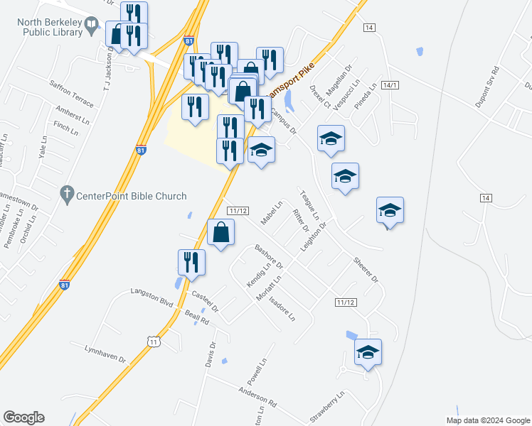map of restaurants, bars, coffee shops, grocery stores, and more near 51 Mabel Lane in Martinsburg