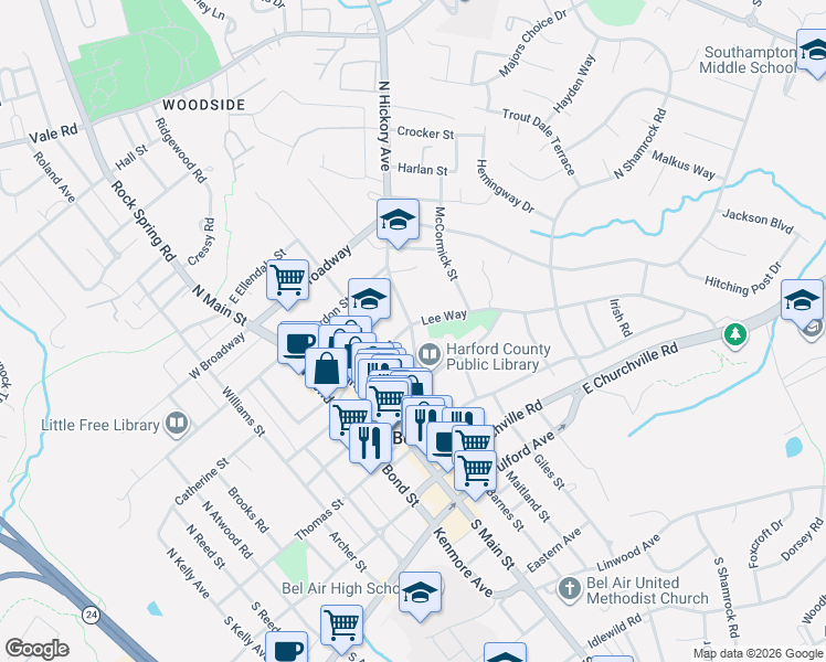 map of restaurants, bars, coffee shops, grocery stores, and more near 39 North Hickory Avenue in Bel Air