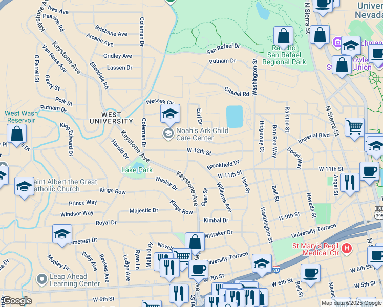 map of restaurants, bars, coffee shops, grocery stores, and more near 1070 Alturas Avenue in Reno