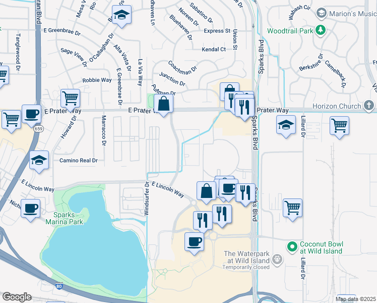 map of restaurants, bars, coffee shops, grocery stores, and more near 550 Marina Gateway Drive in Sparks