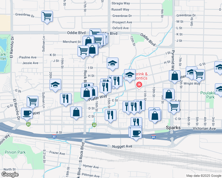map of restaurants, bars, coffee shops, grocery stores, and more near 1441 Prater Way in Sparks