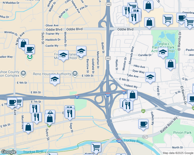 map of restaurants, bars, coffee shops, grocery stores, and more near 890 Fluorite Circle in Reno