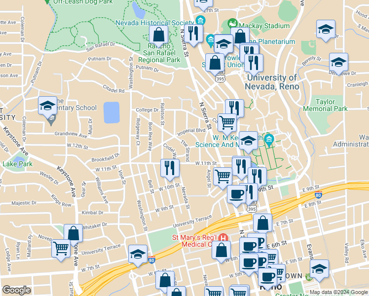 map of restaurants, bars, coffee shops, grocery stores, and more near 1101 The Strand in Reno