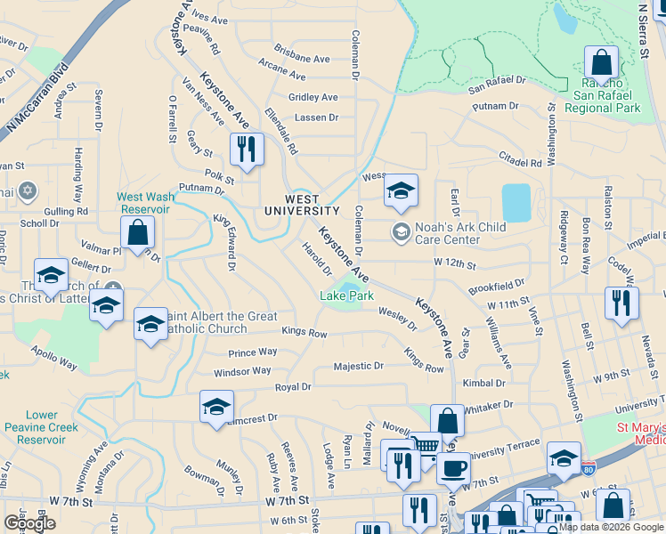 map of restaurants, bars, coffee shops, grocery stores, and more near 40 Coleman Drive in Reno
