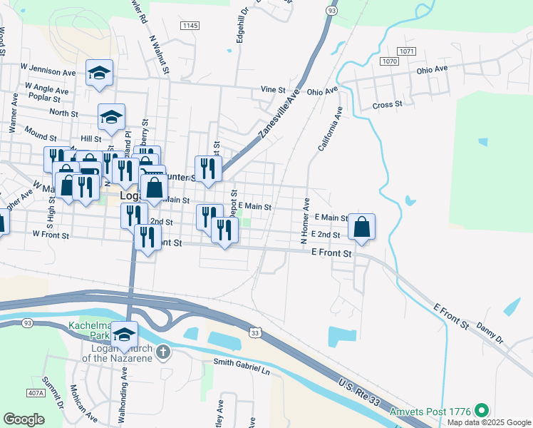 map of restaurants, bars, coffee shops, grocery stores, and more near 590 East 2nd Street in Logan