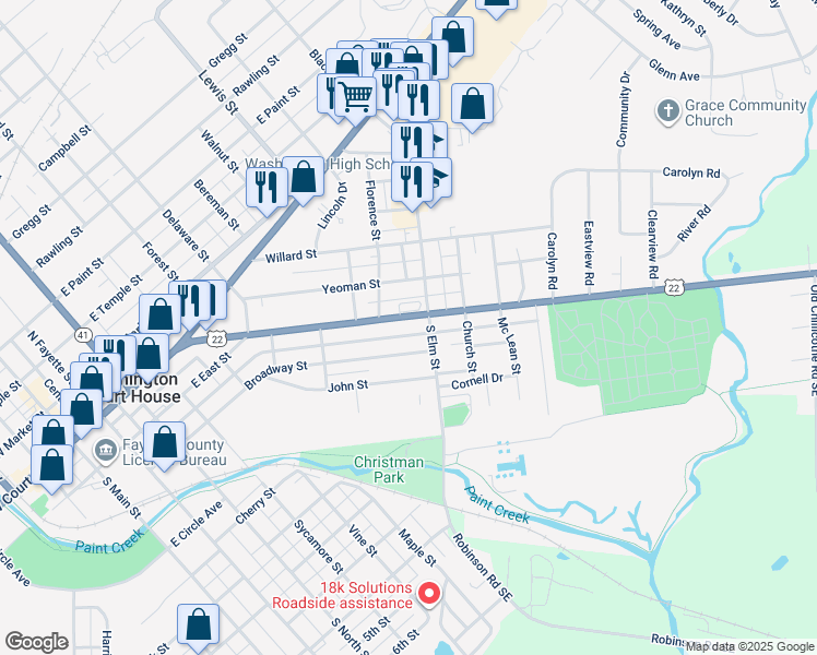 map of restaurants, bars, coffee shops, grocery stores, and more near 1020 Broadway Street in Washington Court House