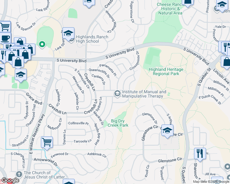 map of restaurants, bars, coffee shops, grocery stores, and more near 9800 Sydney Lane in Littleton