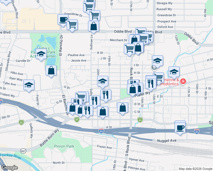 map of restaurants, bars, coffee shops, grocery stores, and more near 650 19th Street in Sparks