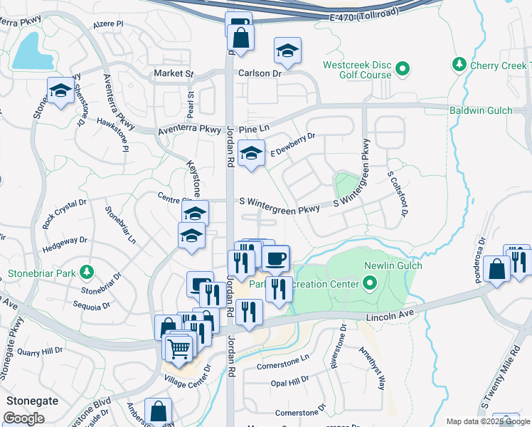 map of restaurants, bars, coffee shops, grocery stores, and more near 9570 Deer Horn Court in Parker