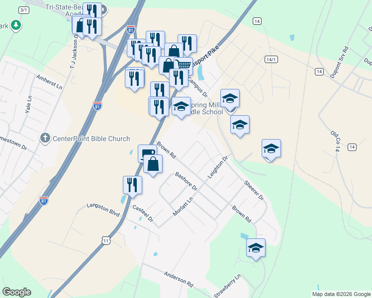 map of restaurants, bars, coffee shops, grocery stores, and more near 59 Mabel Lane in Martinsburg