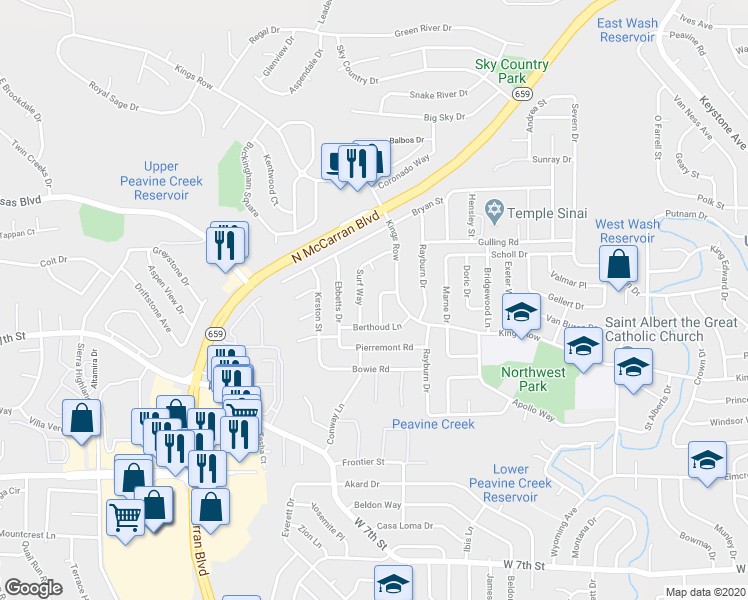 map of restaurants, bars, coffee shops, grocery stores, and more near 1379 Tioga Way in Reno