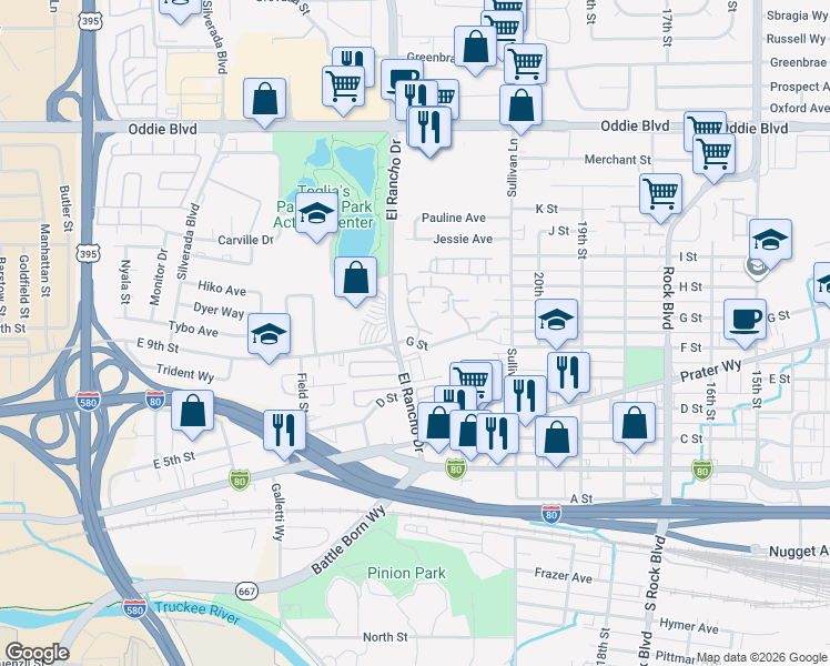 map of restaurants, bars, coffee shops, grocery stores, and more near 2325 Roundhouse Road in Sparks
