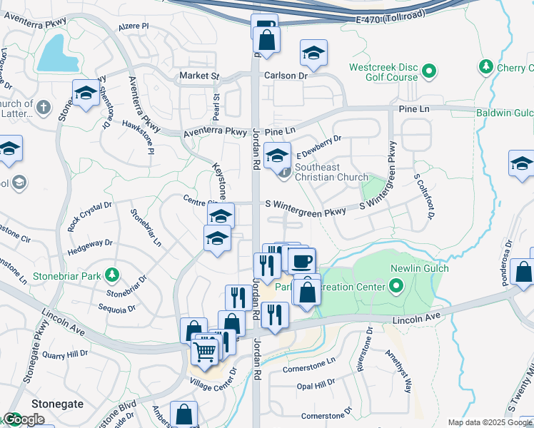 map of restaurants, bars, coffee shops, grocery stores, and more near 9567 Deer Horn Court in Parker