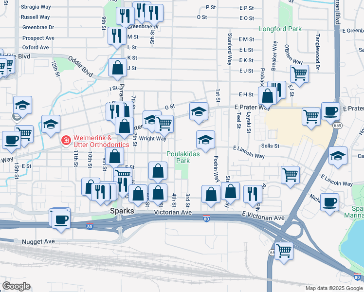 map of restaurants, bars, coffee shops, grocery stores, and more near in Sparks